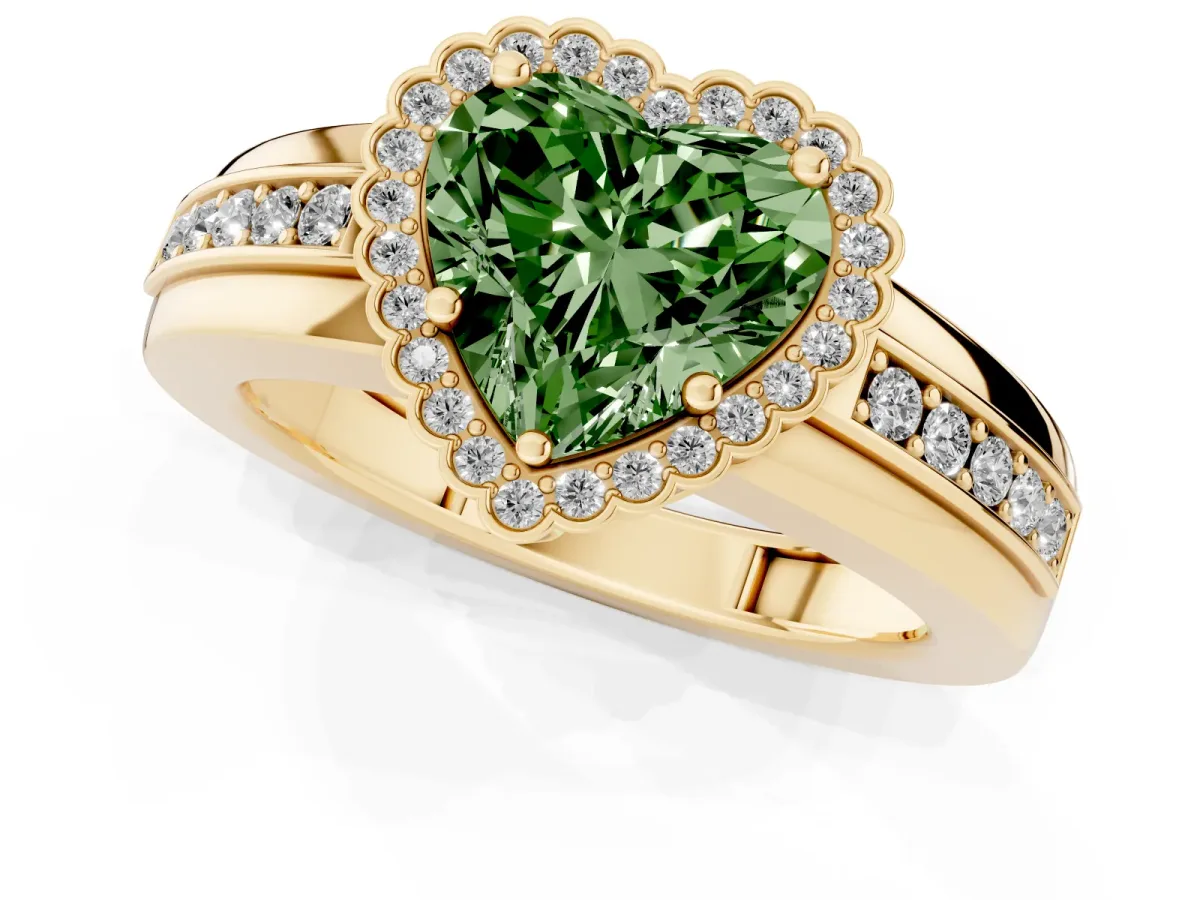 Fancy Green Heart Cut Cut Halo Pave Band Four-Prong Ring Yellow gold