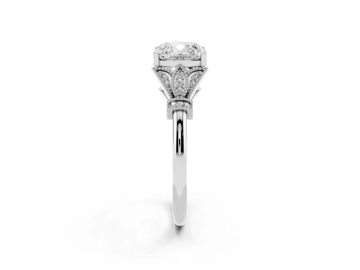 Cushion Cut Diamond Solitaire Ring with Floral Filigree and Pave Accents White gold