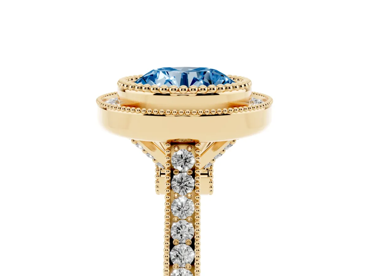 Fancy Blue Round Cut Diamond Halo Ring with Milgrain Frame and Pavé Band Yellow gold