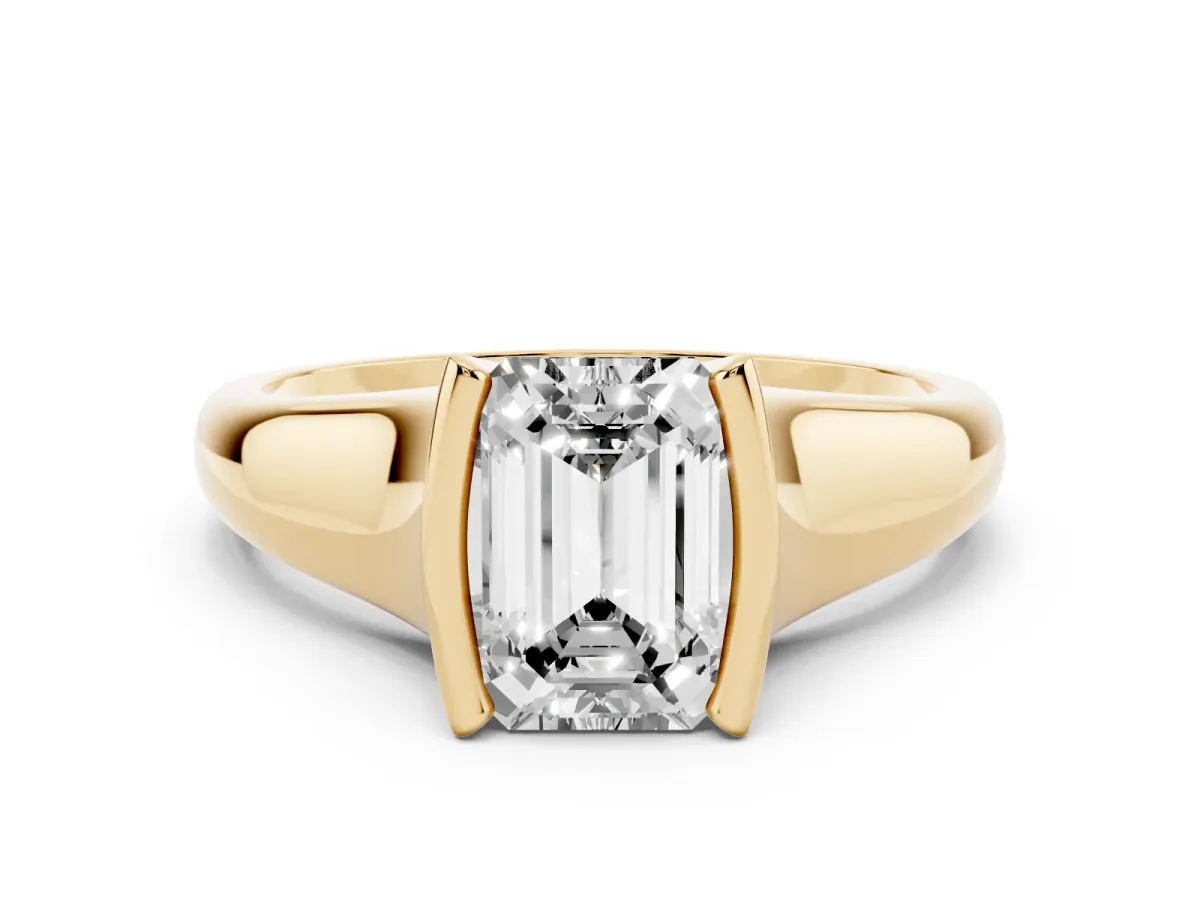 Emerald Cut Solitaire Tension Set Diamond Ring with Split Shank Band Yellow gold