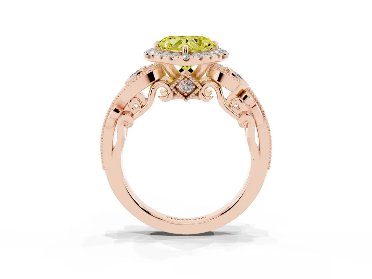 Fancy Yellow Heart Cut Halo Diamond Ring with Milgrain and Bezel Accents on a Split Shank Band Rose gold