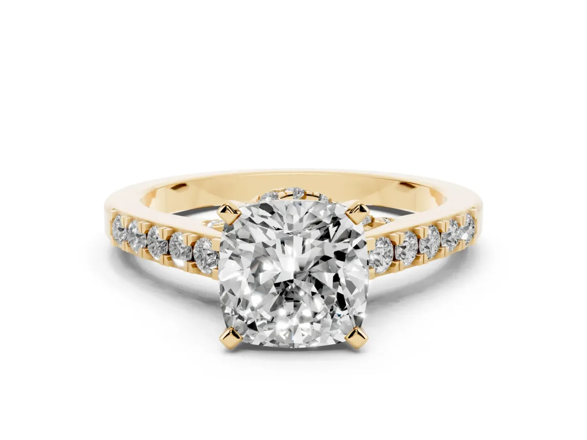 Cushion Cut Diamond Solitaire Ring with Crossover Gallery and Round Pavé Band Yellow gold