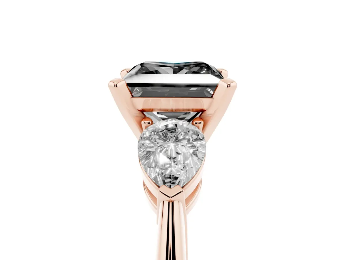 Fancy Black Three-Stone Princess Cut Diamond Ring with Pear Side Stones and Four-Prong Setting Rose gold