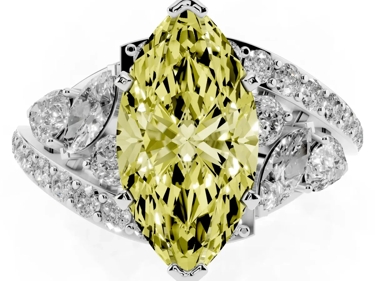 Fancy Yellow Marquise Cut Diamond Halo Ring with Marquise and Pavé Band in Prong Setting Platinum
