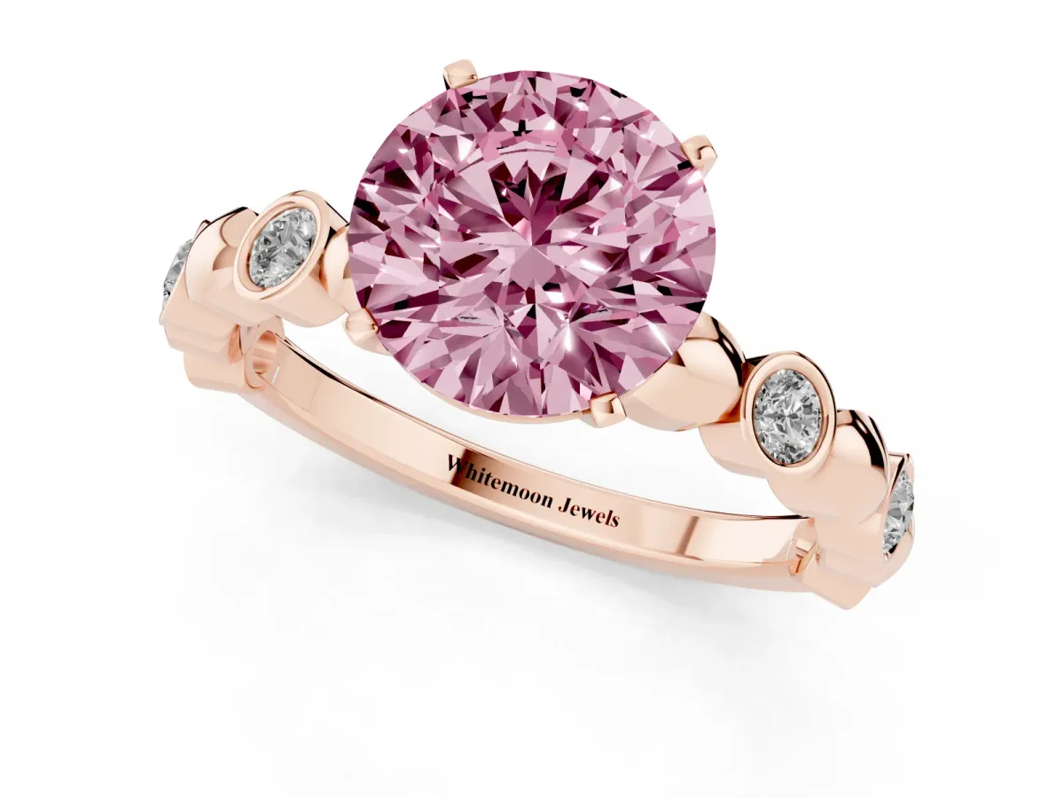 Fancy Pink Round Cut Solitaire Bezel-Set Diamond Ring with Beaded Band and Four-Prong Setting Rose gold