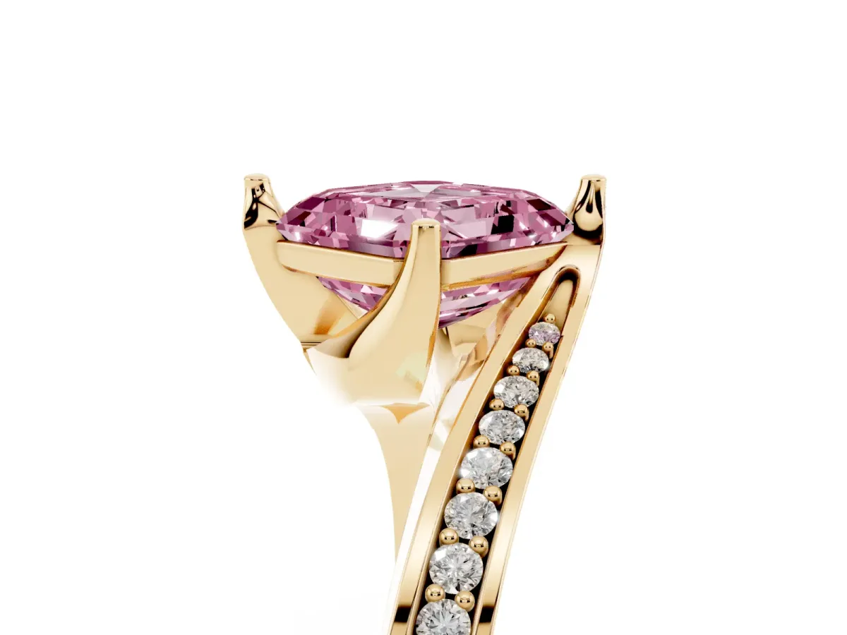 Fancy Pink Asscher Cut Solitaire Diamond Twist Band with Pavé Setting and Four-Prong Setting Yellow gold