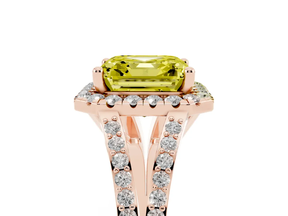 Fancy Yellow Asscher Cut Halo Split Shank Diamond Ring with Prong Setting Rose gold