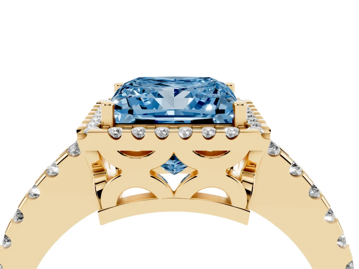 Fancy Blue Princess Cut Diamond Halo Engagement Ring with Pavé Band and Prong Setting Yellow gold