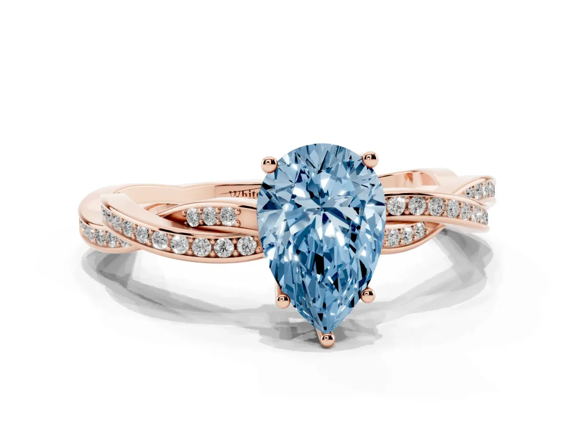 Fancy Blue Pear Cut Solitaire Twisted Pave Diamond Ring with Four-Prong Setting Rose gold