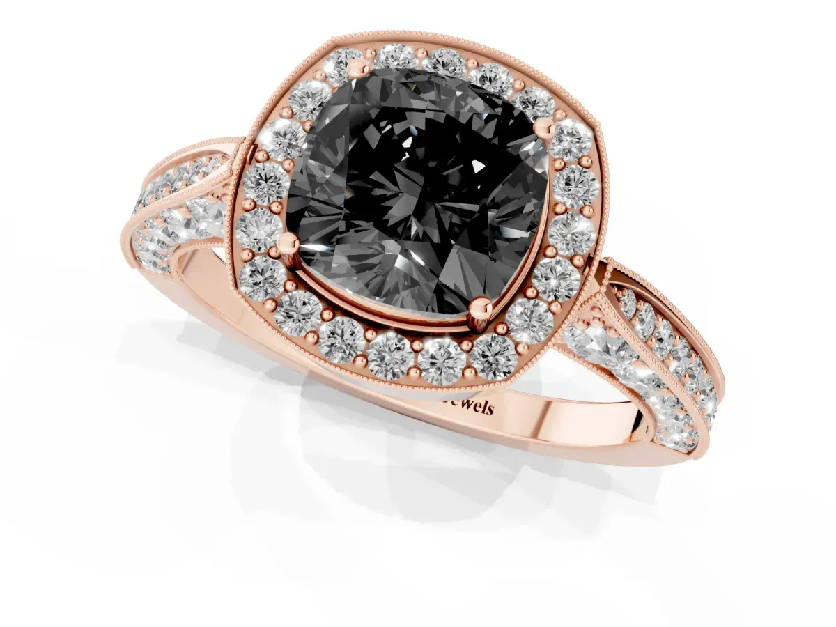 Fancy Black Cushion Cut Halo Diamond Engagement Ring with Split Shank Band and Four-Prong Setting Rose gold