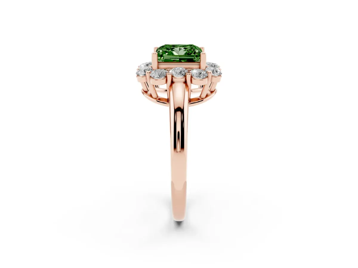 Fancy Green Princess Cut Halo Milgrain Solitaire with Bezel Set Side Stones and Pave Band Rose gold