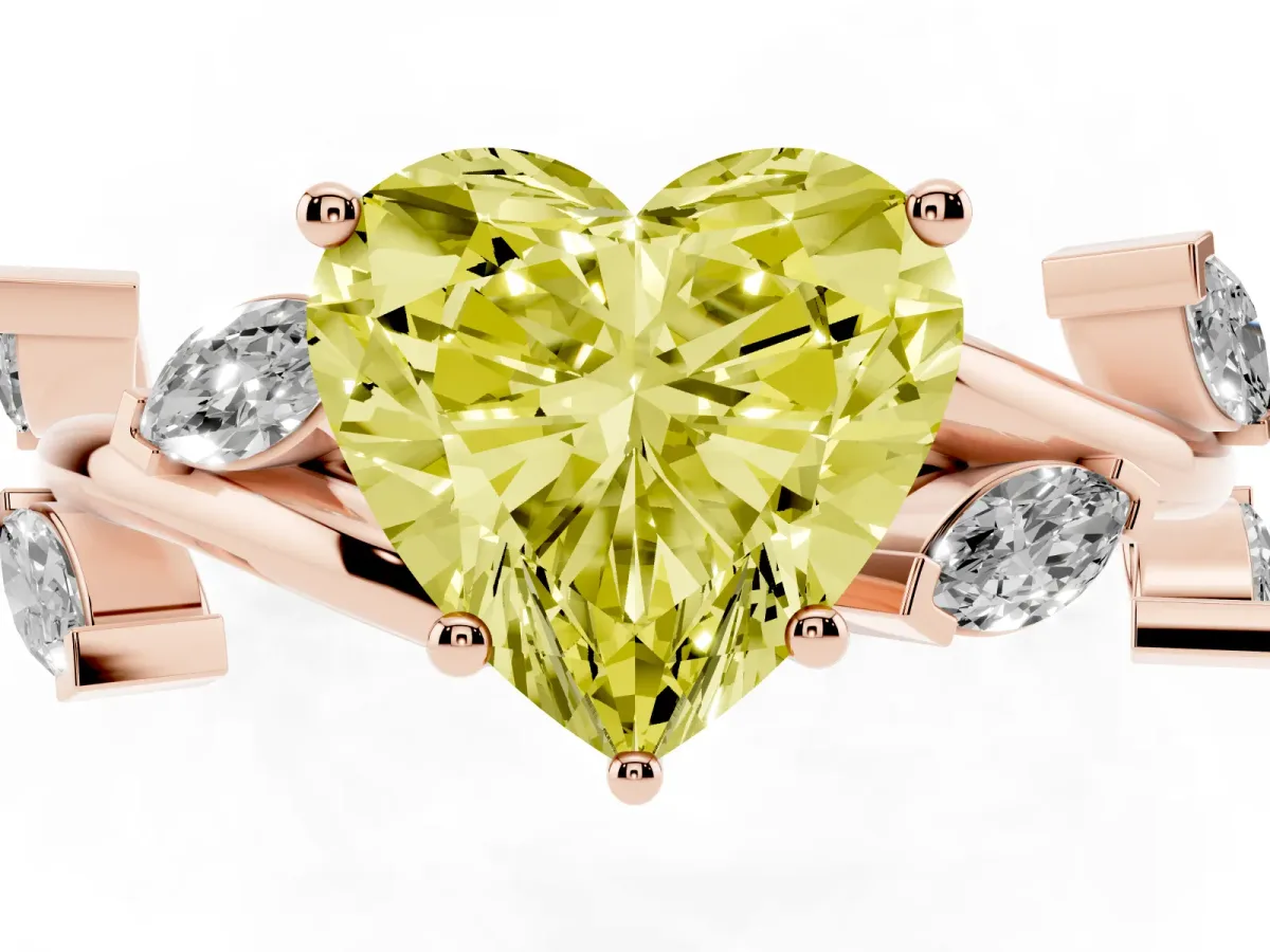 Fancy Yellow Heart Cut Solitaire Twisted Band Marquise Accent Prong Setting Ring Rose gold