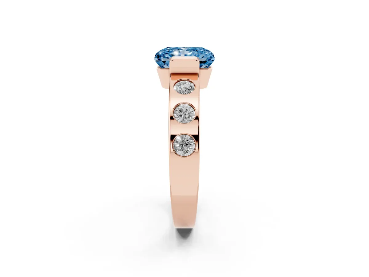 Fancy Blue Radiant Cut Brilliant Channel-Set Diamond Ring with Bezel Prong Setting Rose gold