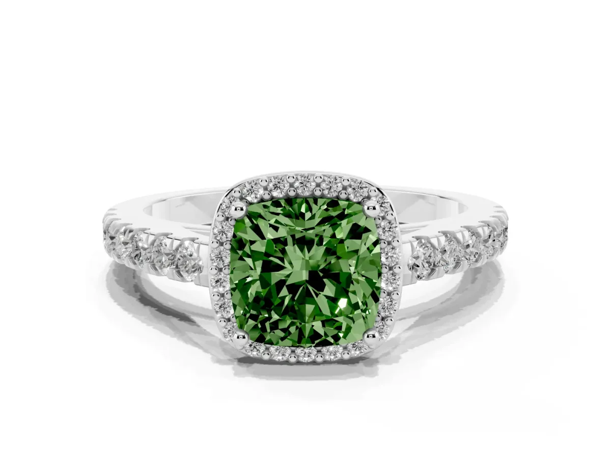 Fancy Green Cushion Cut Cut Halo Diamond Engagement Ring with Pave Band and Four-Prong Setting White gold