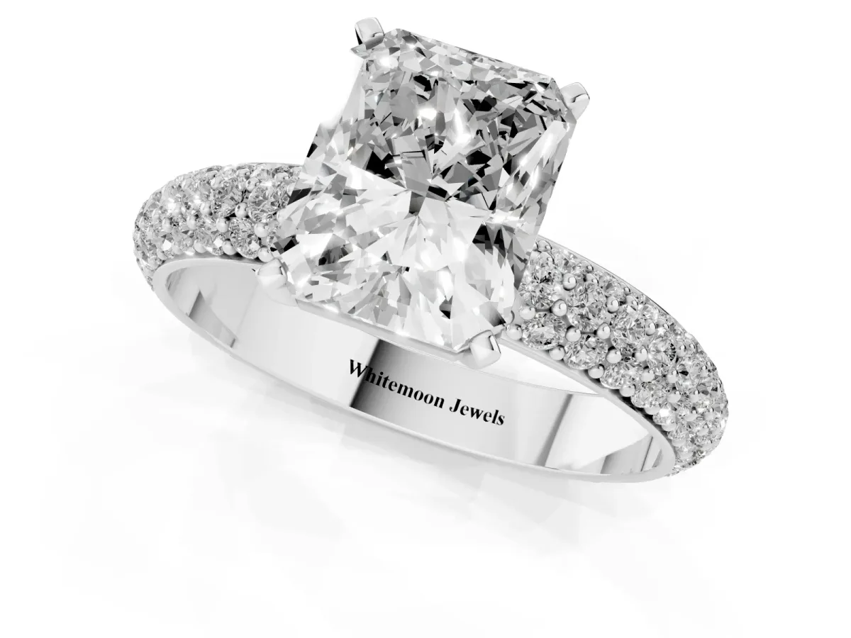 Radiant Cut Diamond Solitaire Ring with Prong Setting and Pavé Band Platinum
