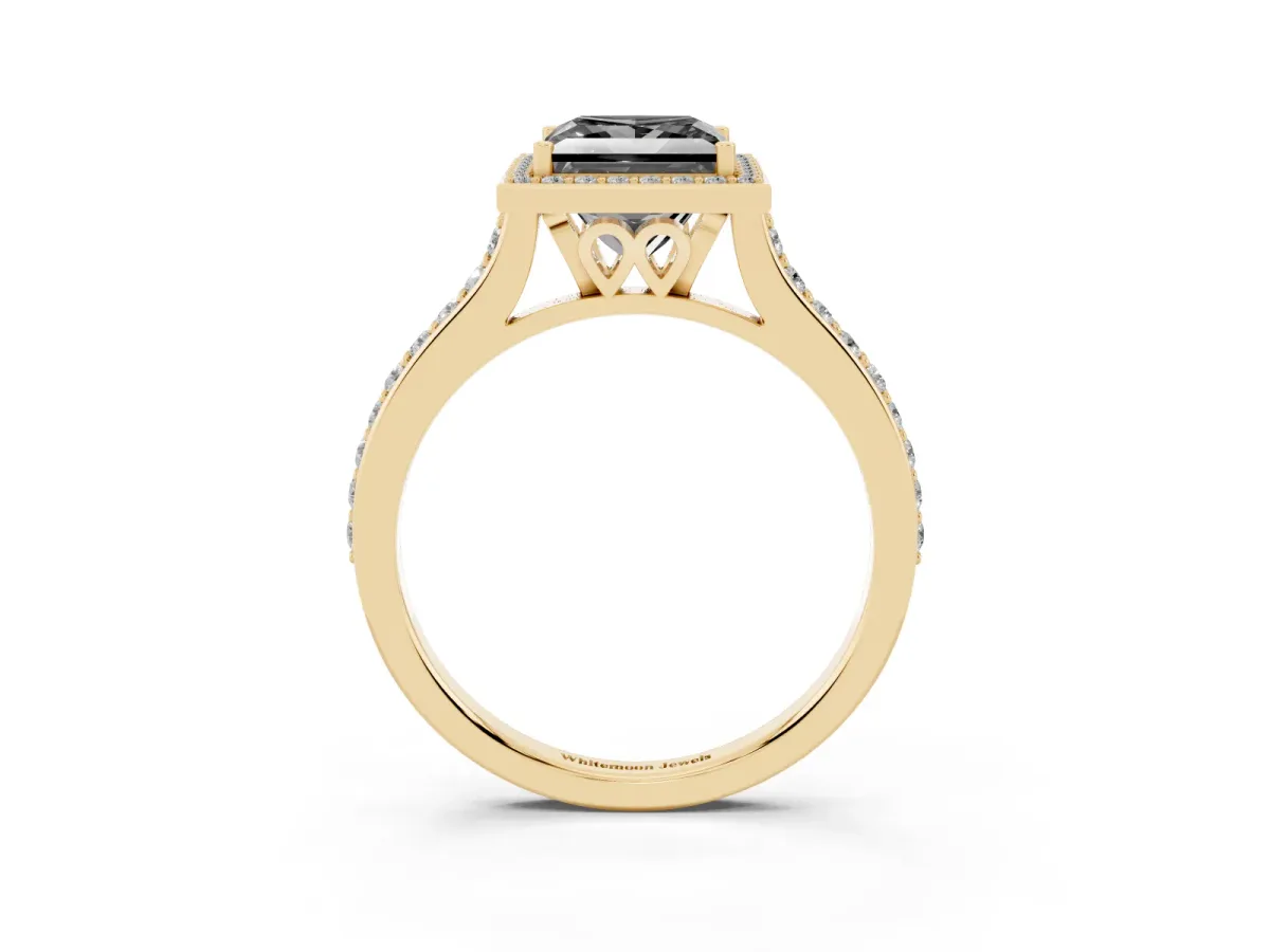 Fancy Black Princess Cut Diamond Halo Engagement Ring with Round Pavé Shoulders and Prong Setting Yellow gold