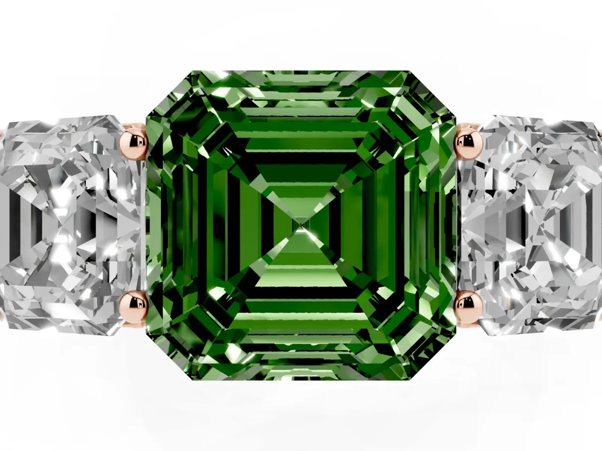 Fancy Green Asscher Cut Three-Stone Diamond Ring with Prong Setting on a Classic Band Rose gold