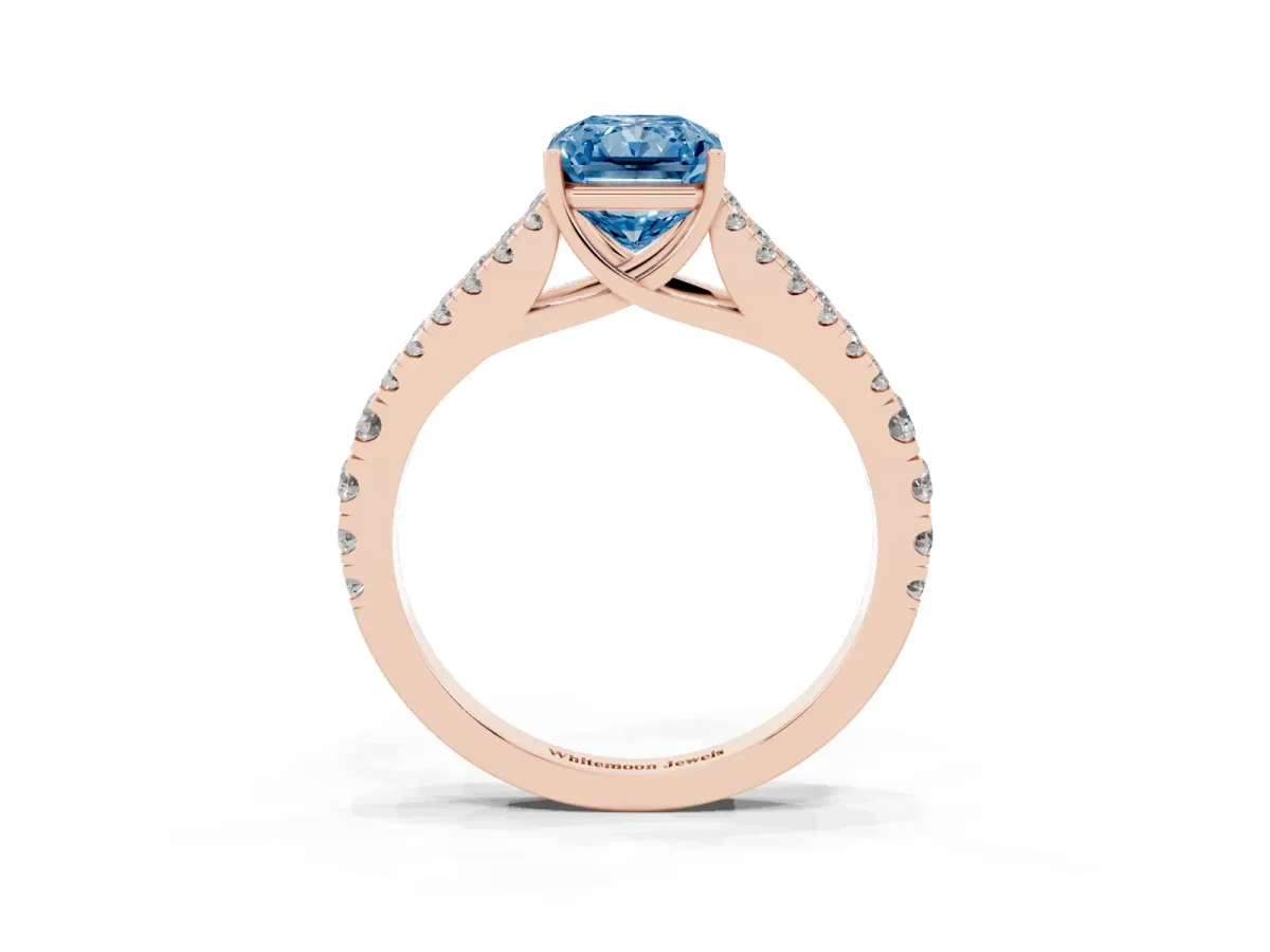 Fancy Blue Radiant Cut Diamond Split Shank Pavé Engagement Ring with Four-Prong Setting Rose gold