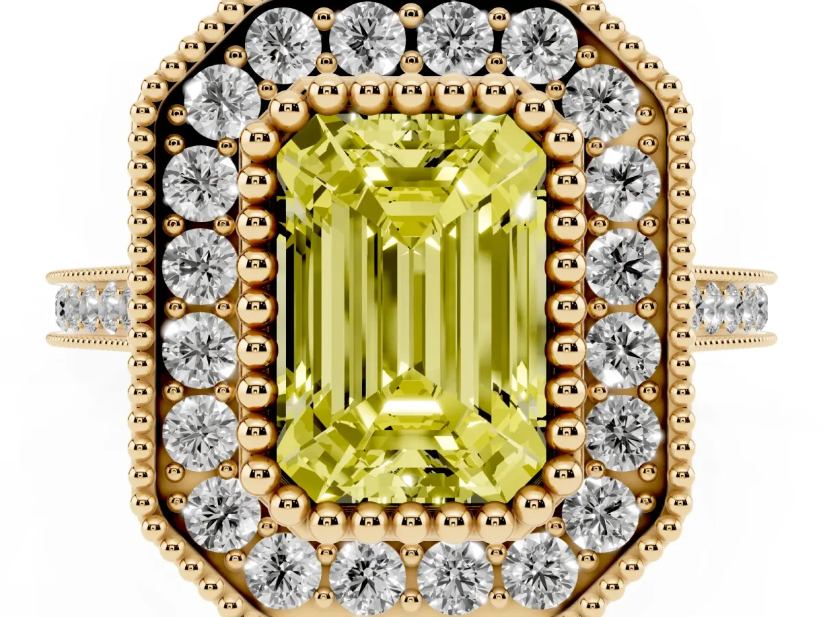 Fancy Yellow Emerald Cut Diamond Halo Ring with Milgrain Frame and Pavé Band Yellow gold