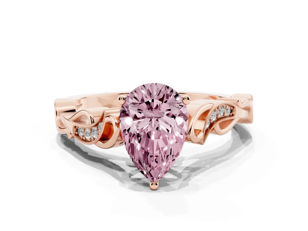 Fancy Pink Pear Cut Solitaire Vine Band with Milgrain Prong Setting Rose gold