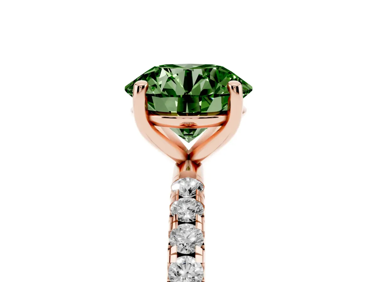 Fancy Green Round Cut Cut Diamond Solitaire Ring with Micro Pave Band and Four Prong Setting Rose gold