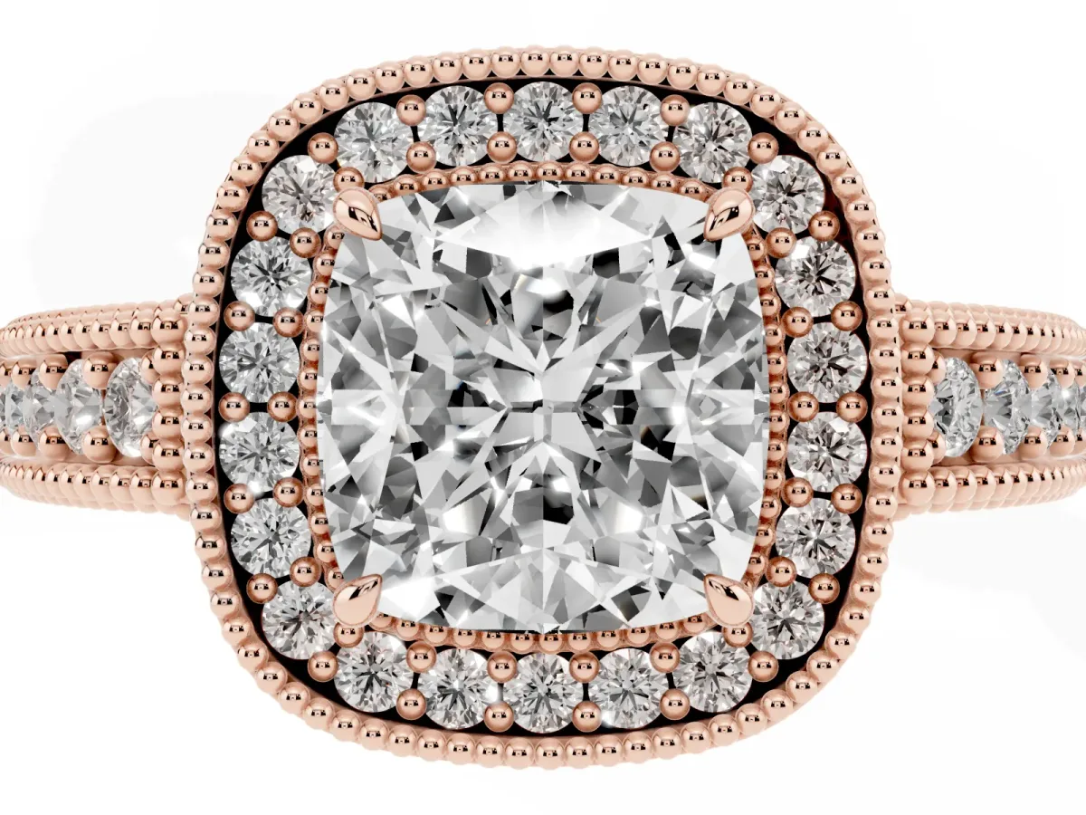 Cushion Cut Cut Halo Diamond Ring with Pavé Band and Four-Prong Setting Rose gold