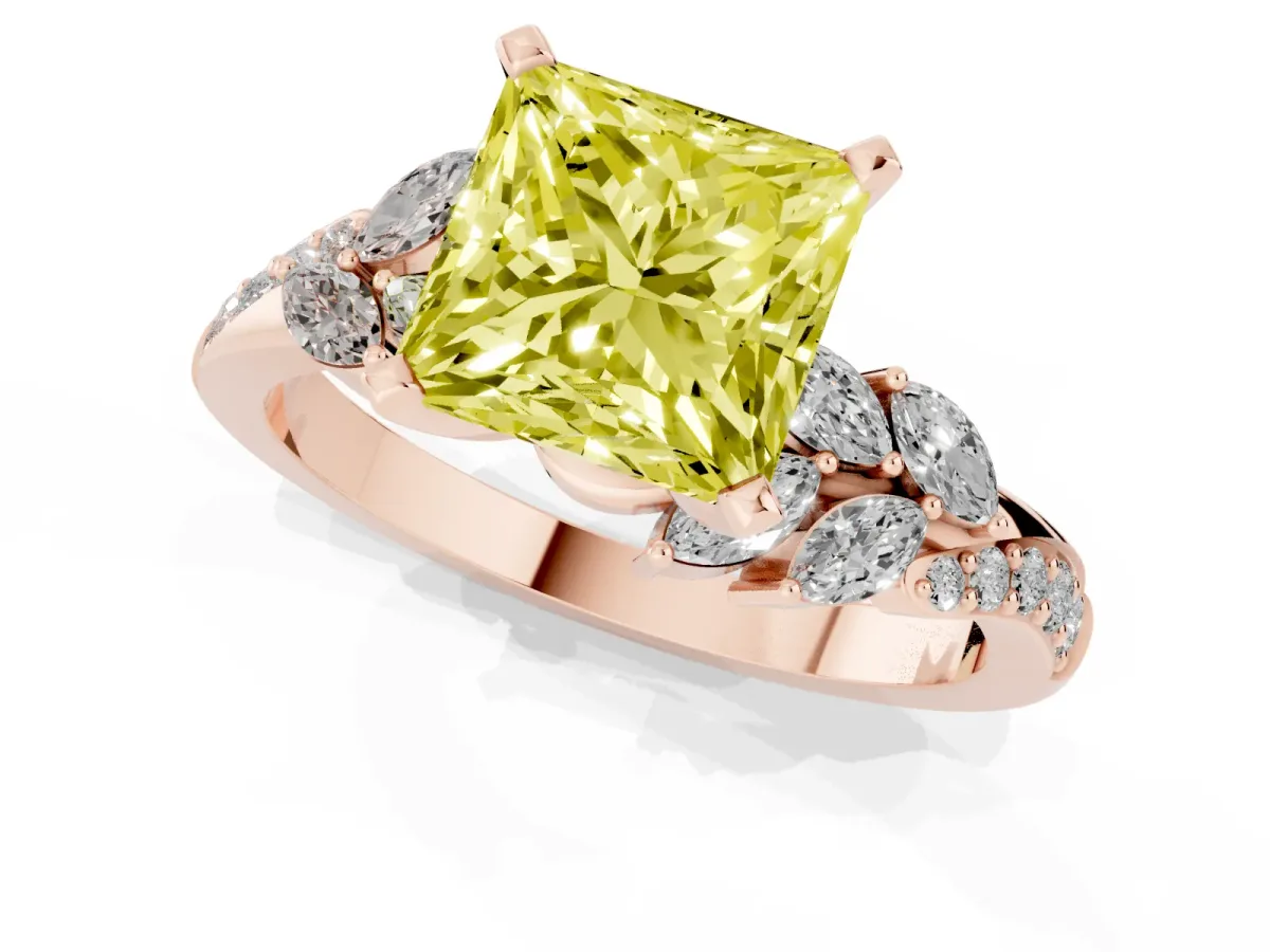 Fancy Yellow Princess Cut Solitaire Marquise Twist Band with Six-Prong Setting Rose gold