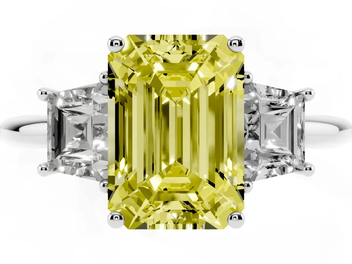 Fancy Yellow Emerald Cut Diamond Three-Stone Ring with Trapezoid Side Stones and Prong Setting Silver