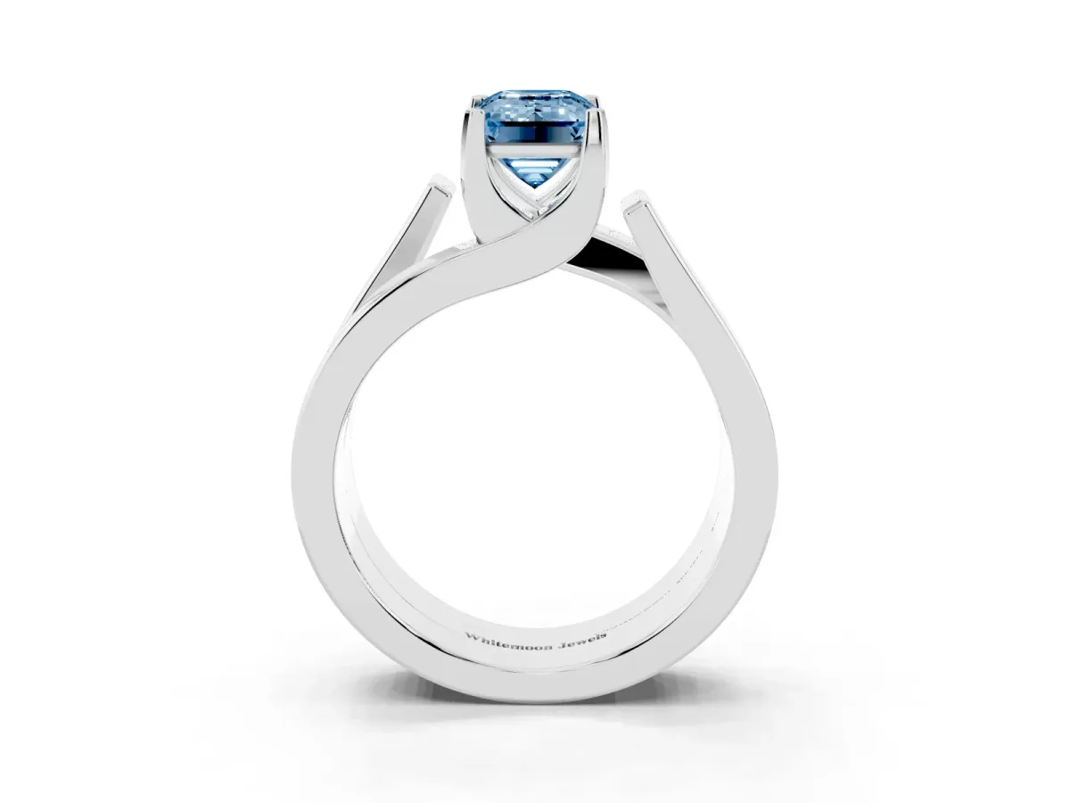 Fancy Blue Modern Tension Set Emerald Cut Diamond Solitaire Wide Band Ring Silver
