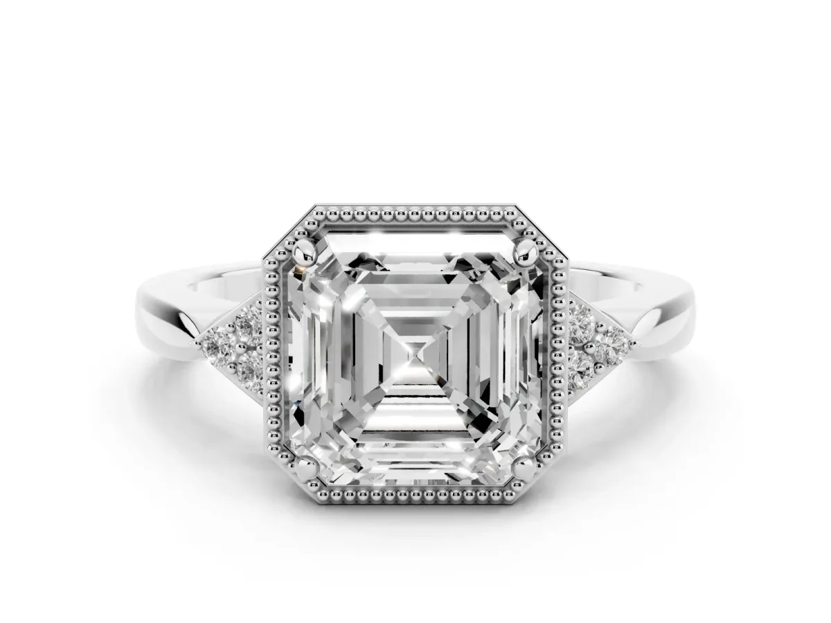 Milgrain Asscher Cut Cut Diamond Ring with Tapered Pave Band and Four Prong Setting White gold