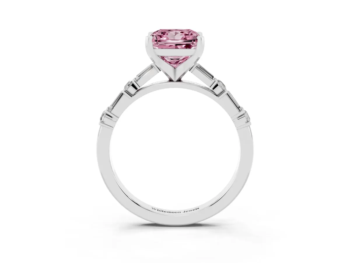 Fancy Pink Princess Cut Diamond Solitaire with Side Baguettes and Channel Set Band Silver