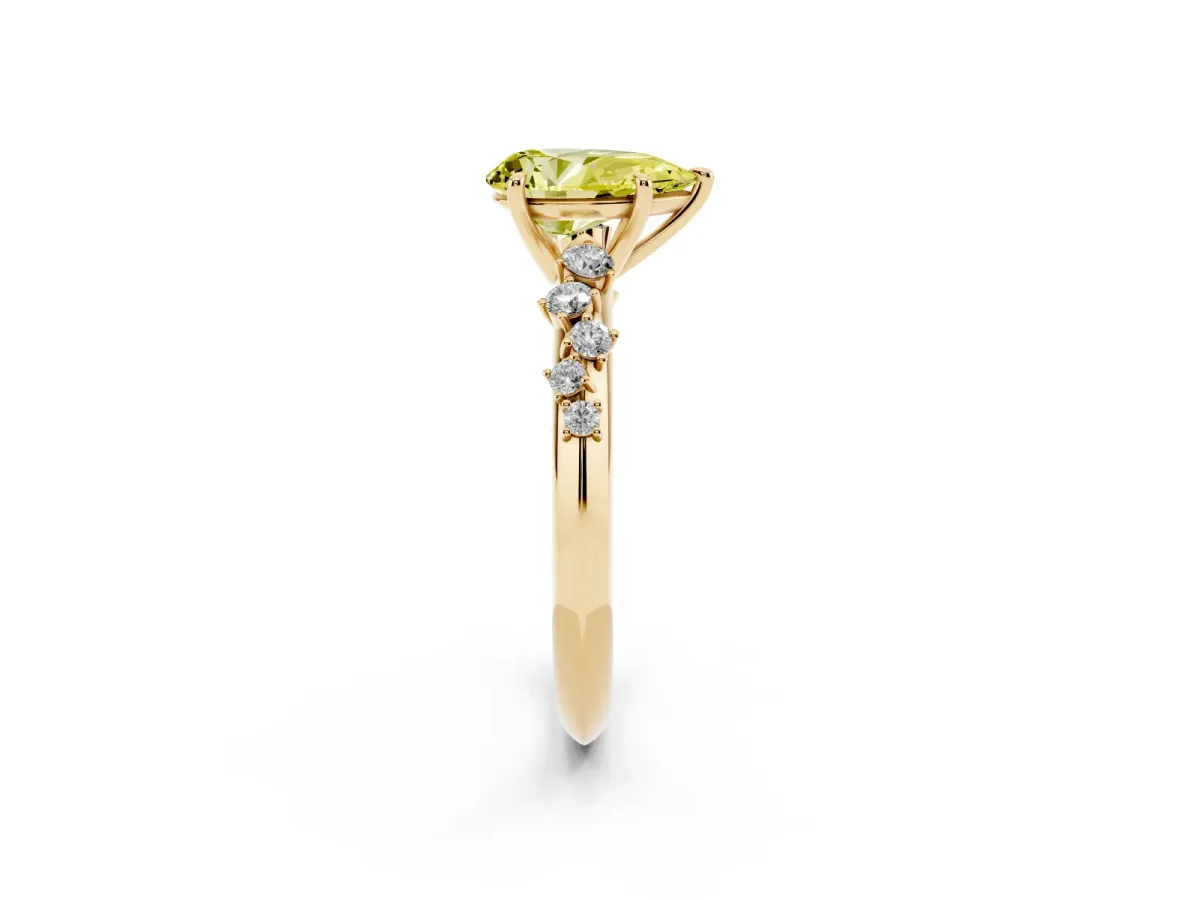 Fancy Yellow Pear Cut Diamond Cluster Side Stone Solitaire Ring with Prong Setting Yellow gold