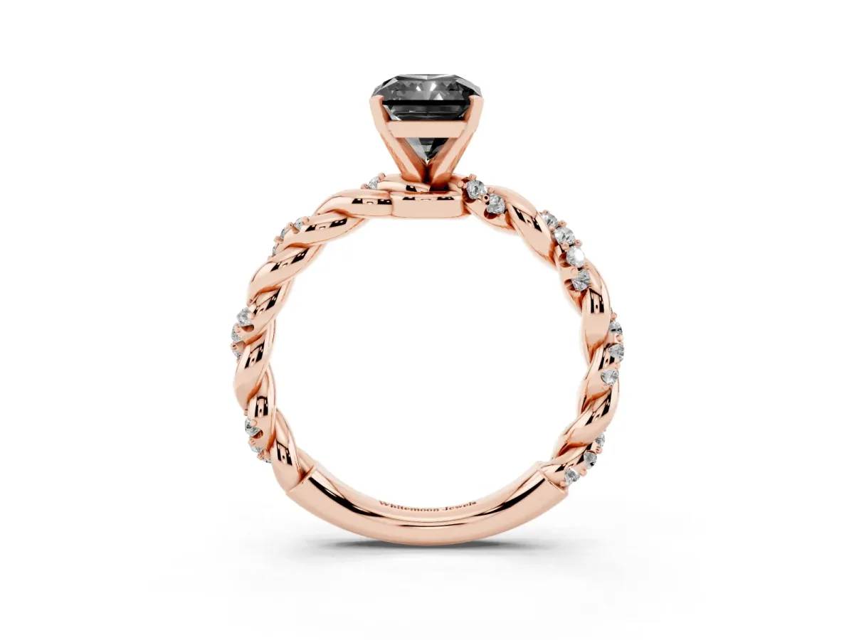 Fancy Black Radiant Cut Diamond Solitaire Ring with Twisted Band and Pavé Accents Rose gold