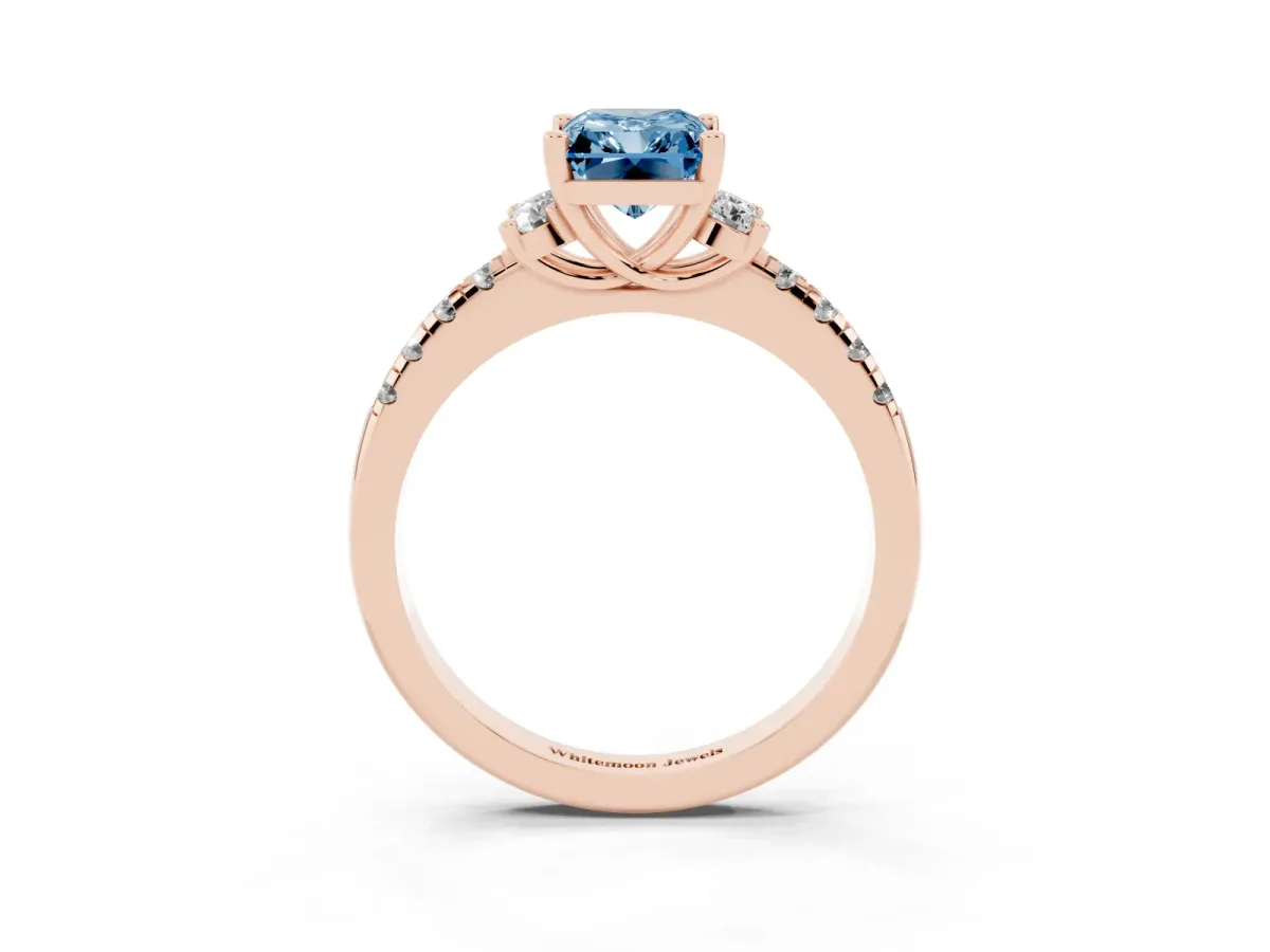Fancy Blue Radiant Cut Diamond Three-Stone Pave Band with Four-Prong Setting Rose gold