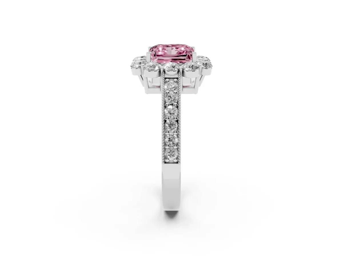 Fancy Pink Princess Cut Cut Halo Diamond Pavé Engagement Ring with Milgrain Detailing White gold