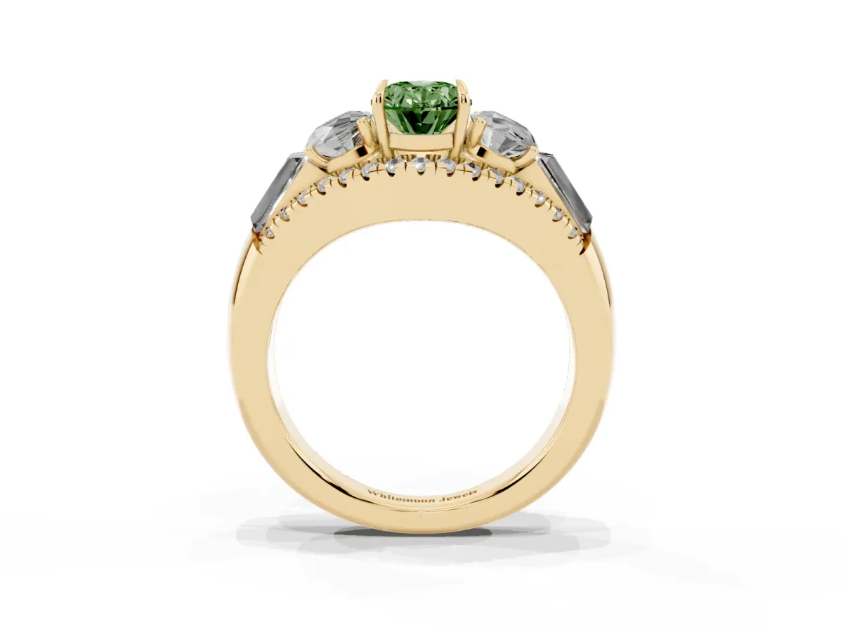 Fancy Green Three-Stone Oval Cut Diamond Engagement Ring with Pave Band and Prong Setting Yellow gold