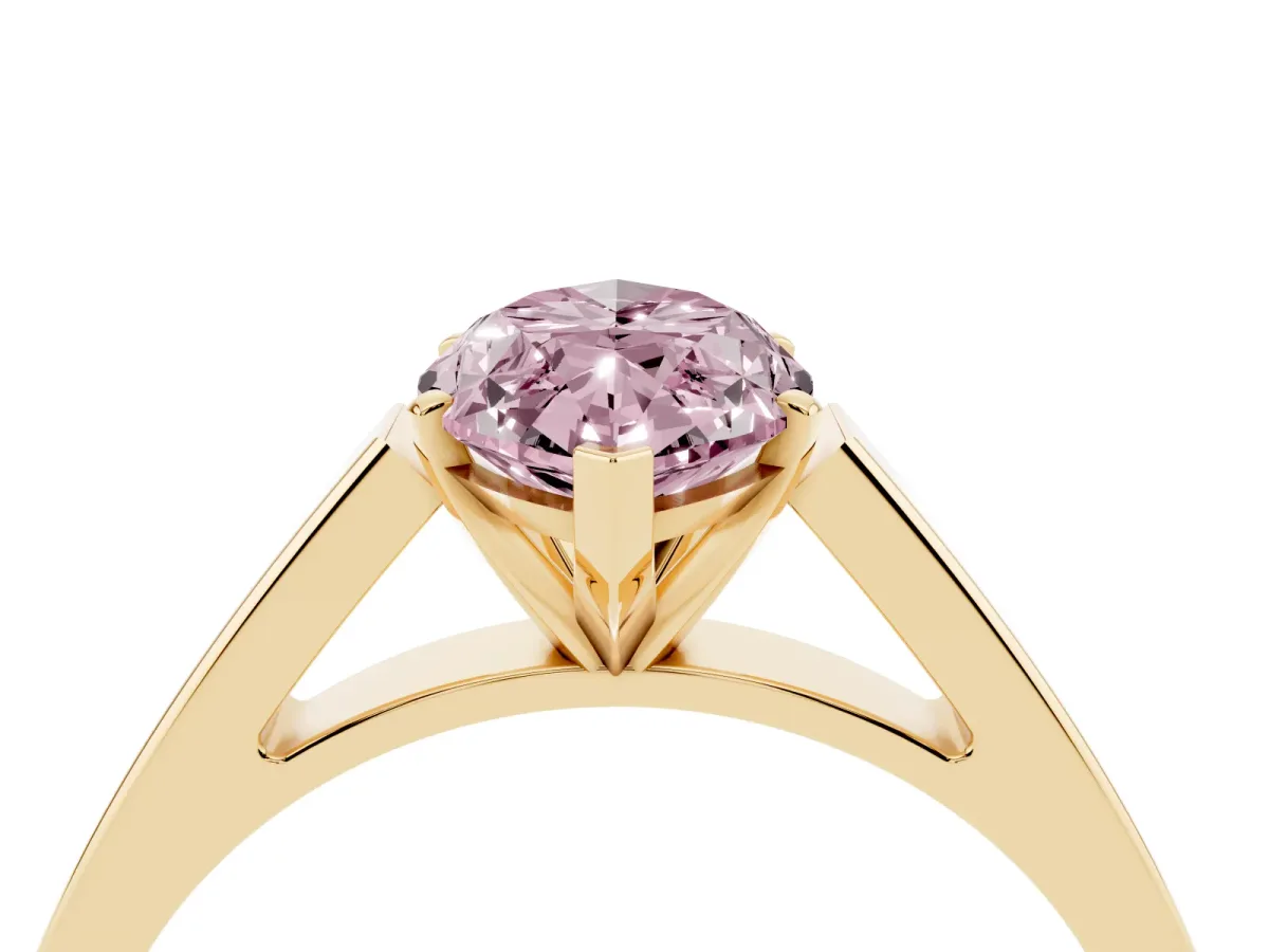 Fancy Pink Marquise Cut Solitaire Engagement Ring with Four-Prong Setting and Tapered Band Yellow gold