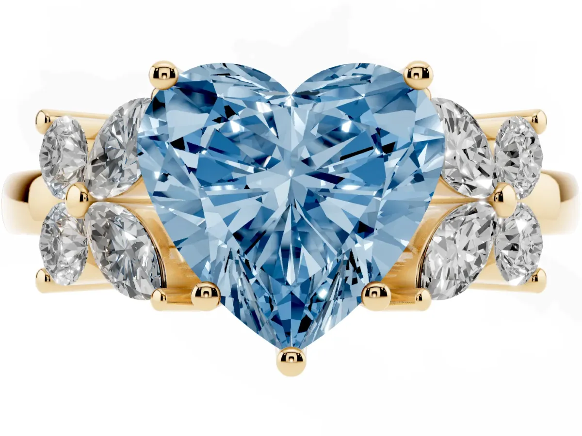 Fancy Blue Heart Cut Diamond Floral Cluster Ring with Solitaire Band and Prong Setting Yellow gold