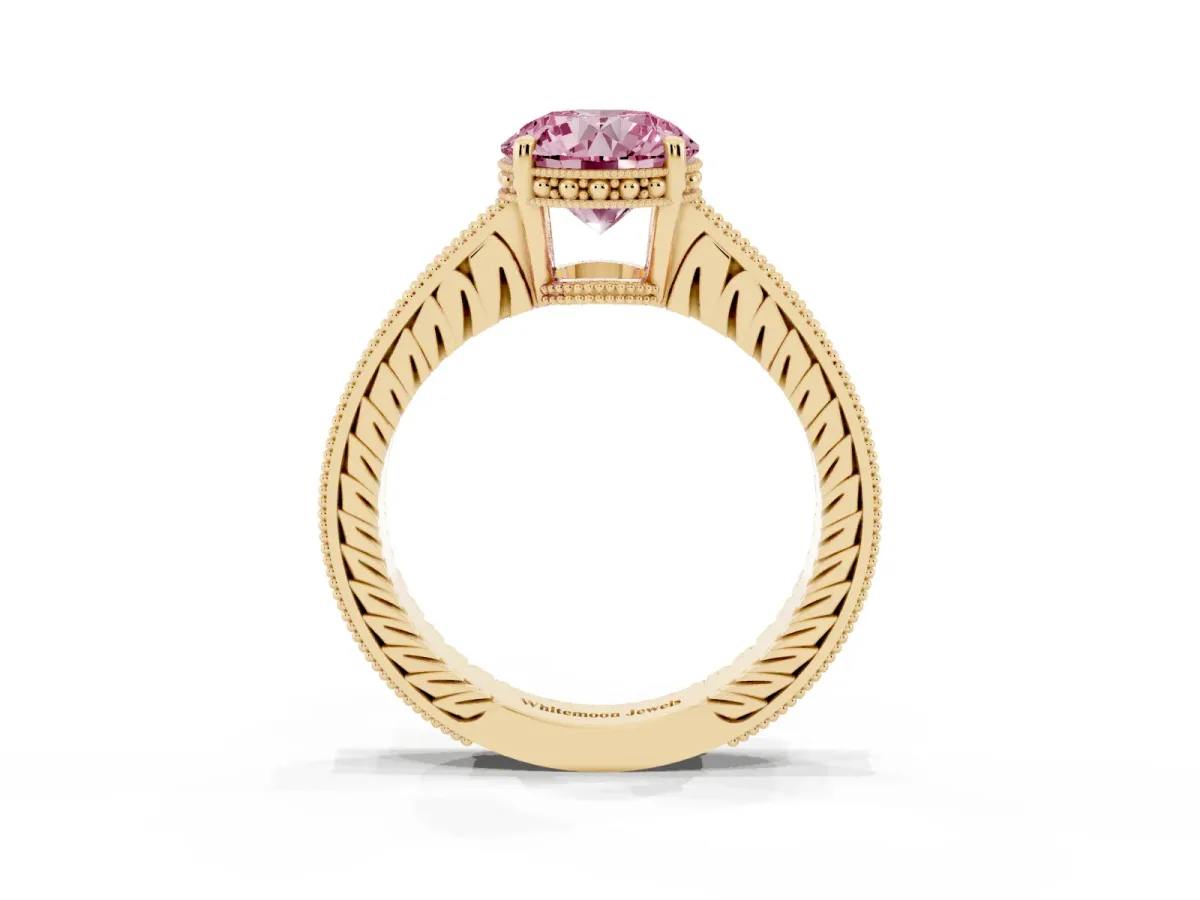 Fancy Pink Round Cut Solitaire Pavé Diamond Milgrain Engagement Ring with Four-Prong Setting Yellow gold