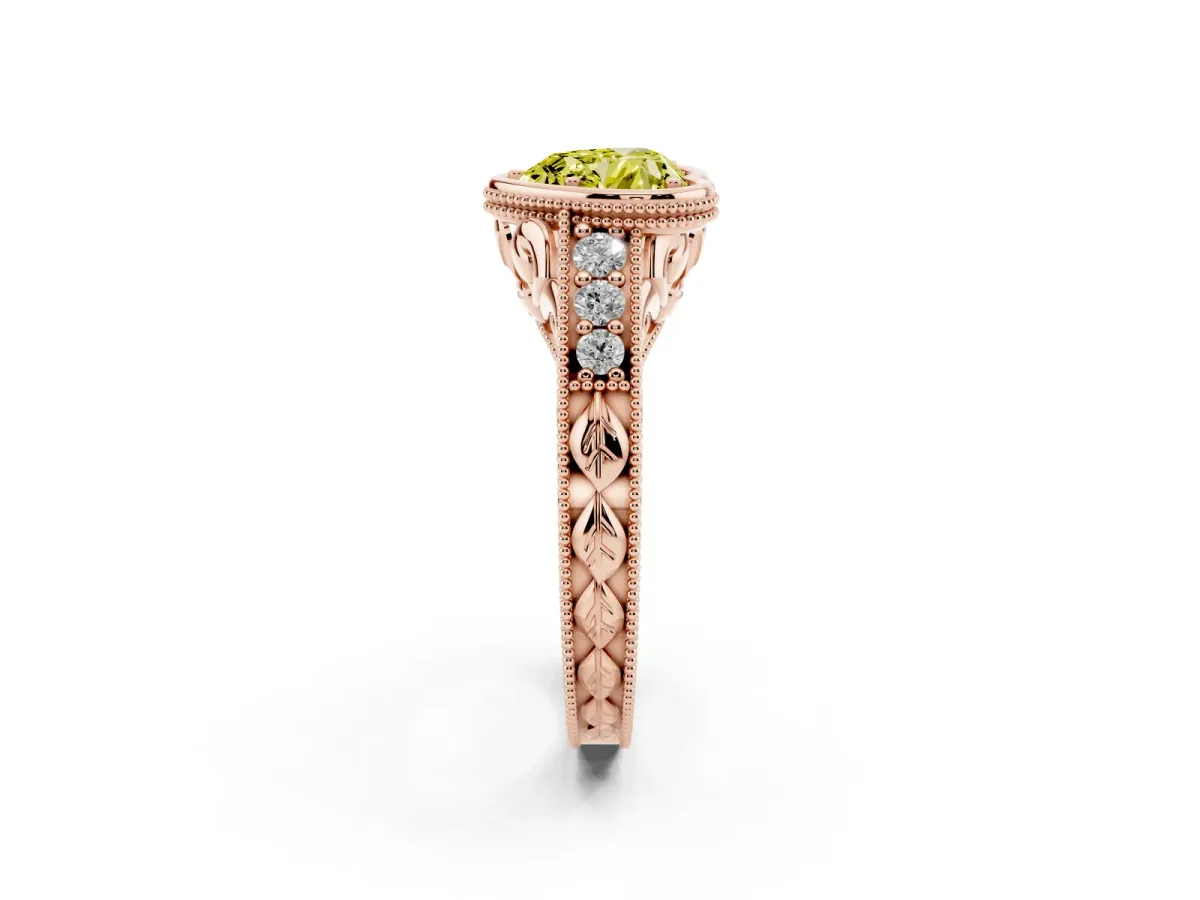 Fancy Yellow Bezel Set Heart Cut Diamond Milgrain Pave Engagement Ring Rose gold