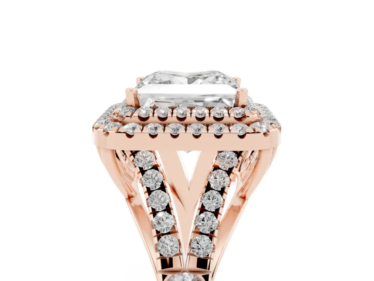 Double Halo Princess Cut Diamond Split Shank Engagement Ring with Four-Prong Setting Rose gold