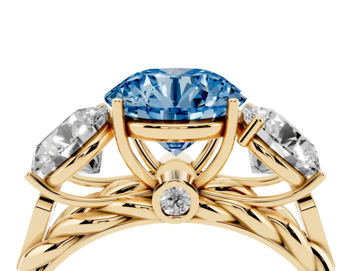 Fancy Blue Three-Stone Round Cut Diamond Braided Band Ring with Four-Prong Setting Yellow gold
