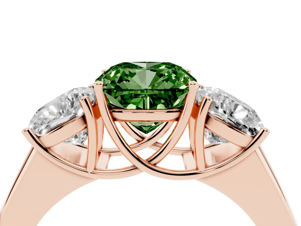 Fancy Green Three-Stone Cushion Cut Cut Diamond Ring with Prong Setting and Classic Band Rose gold
