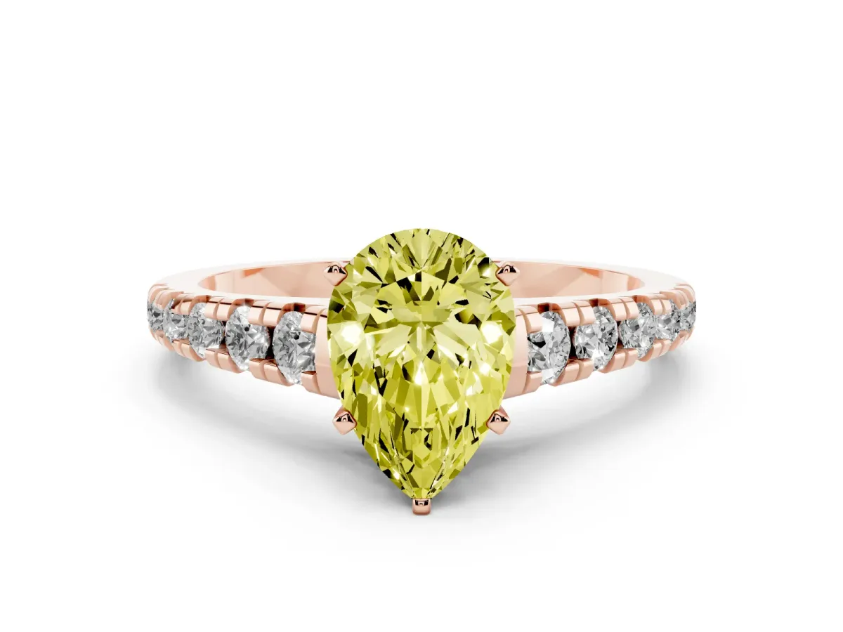 Fancy Yellow Pear Cut Diamond Cathedral Solitaire Ring with Round Pavé Band Rose gold