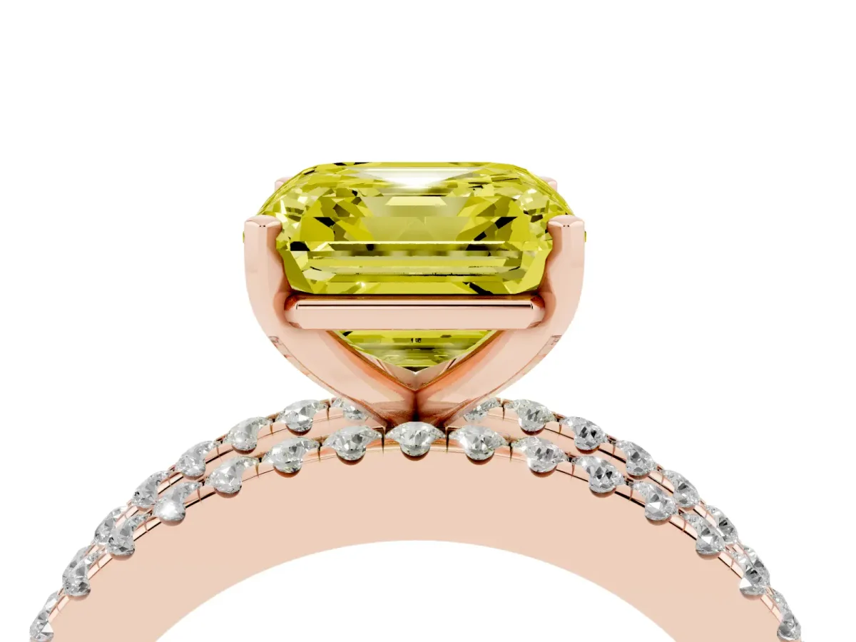 Fancy Yellow Asscher Cut Diamond Solitaire Ring with Pavé and Channel Set Band Rose gold