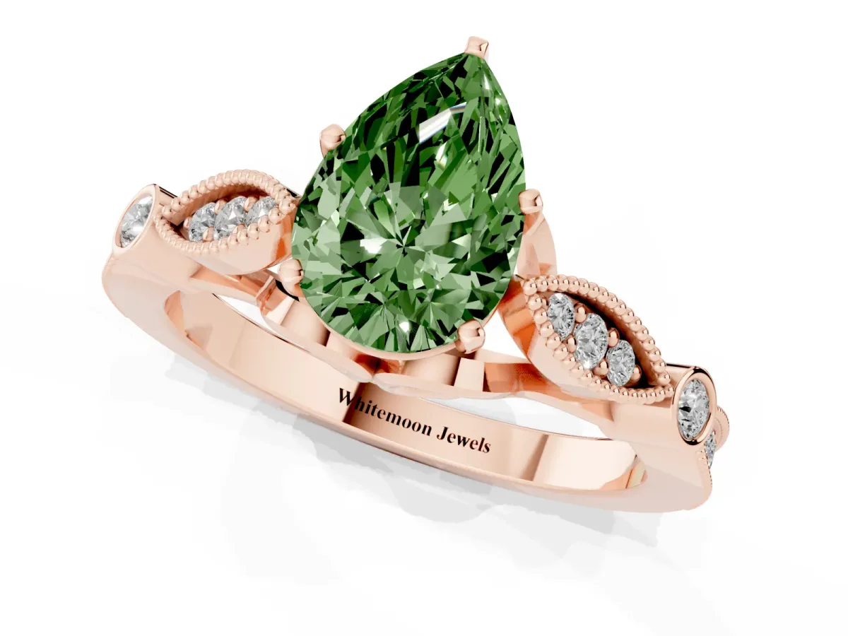 Fancy Green Pear Cut Cut Diamond with Milgrain Marquise and Bezel Accents on a Solitaire Band with Prong Setting Rose gold