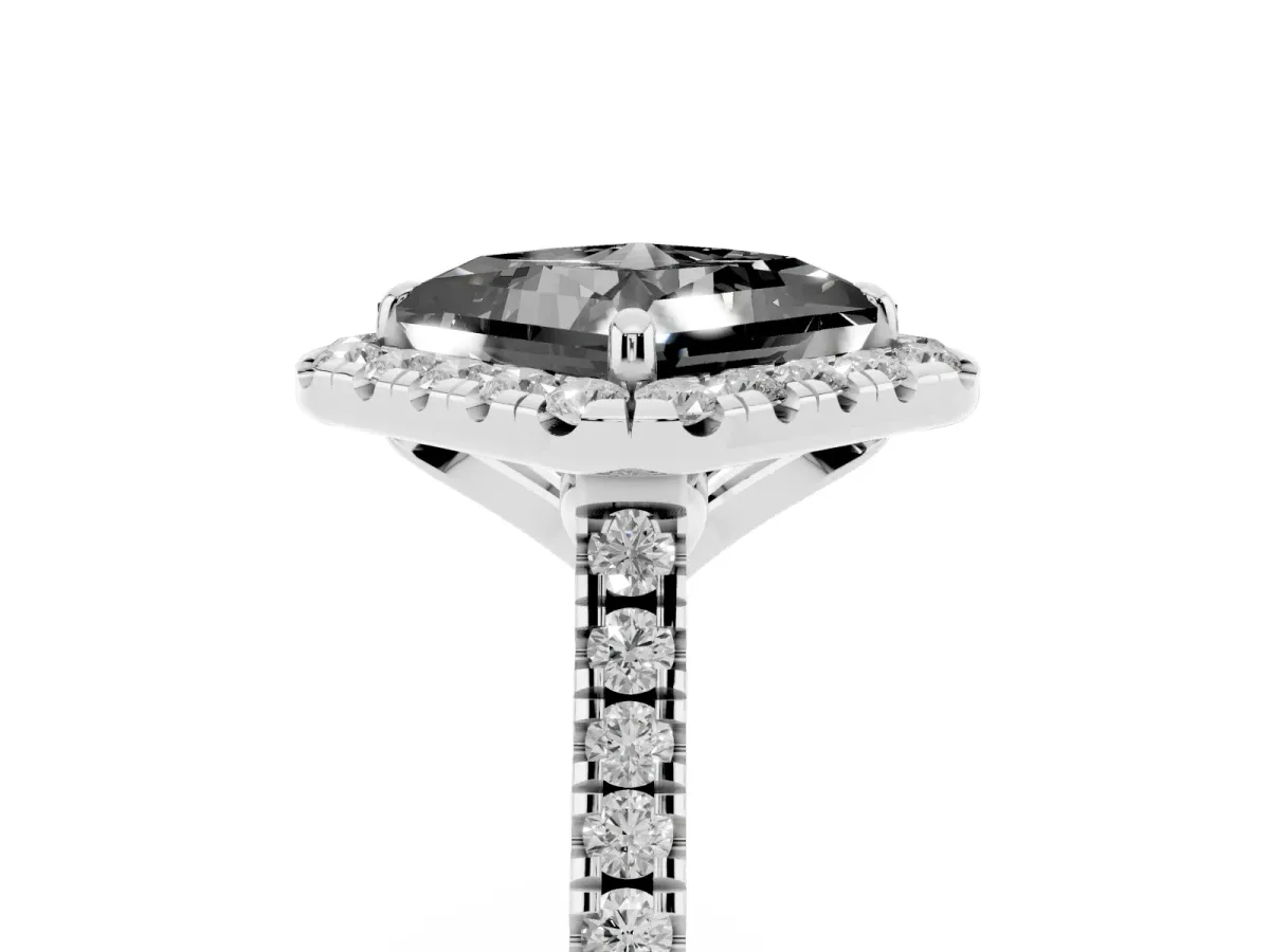 Fancy Black Princess Cut Diamond Cushion Halo Ring with Pavé Band Silver