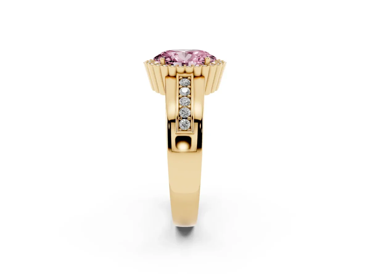 Fancy Pink Oval Cut Cut Halo Pave Band Four-Prong Ring Yellow gold