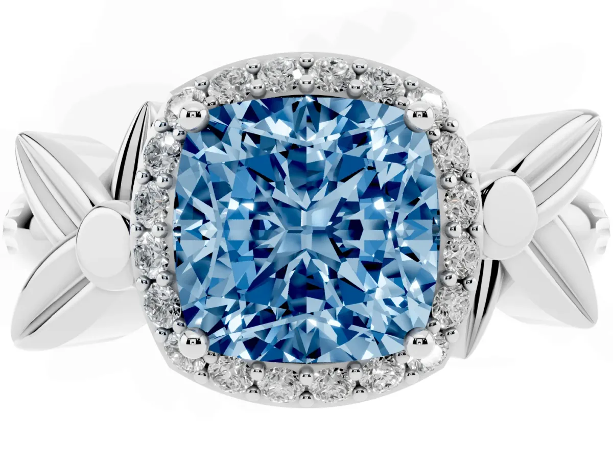 Fancy Blue Cushion Cut Halo Diamond Floral Band with Four-Prong Setting Silver