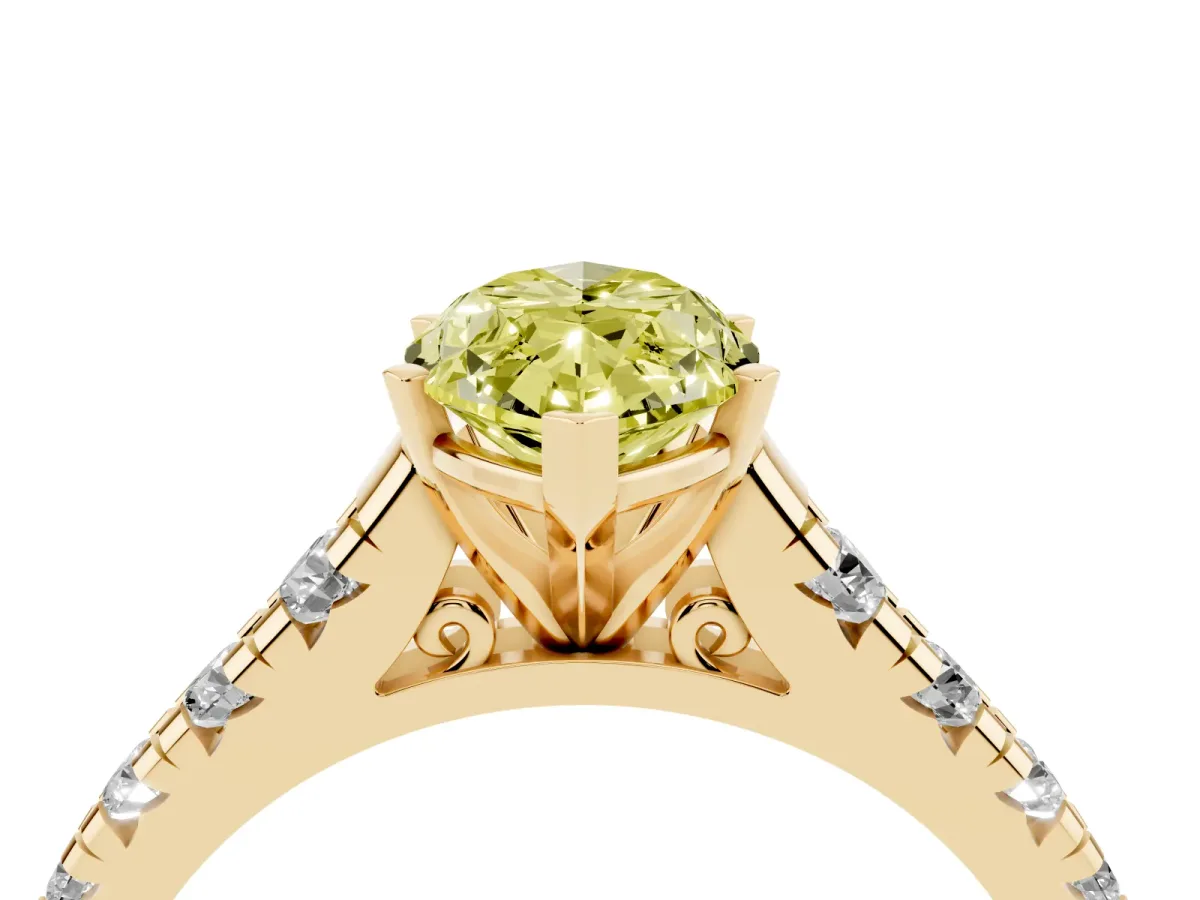 Fancy Yellow Marquise Cut Diamond Cathedral Solitaire Ring with Round Pavé Band Yellow gold